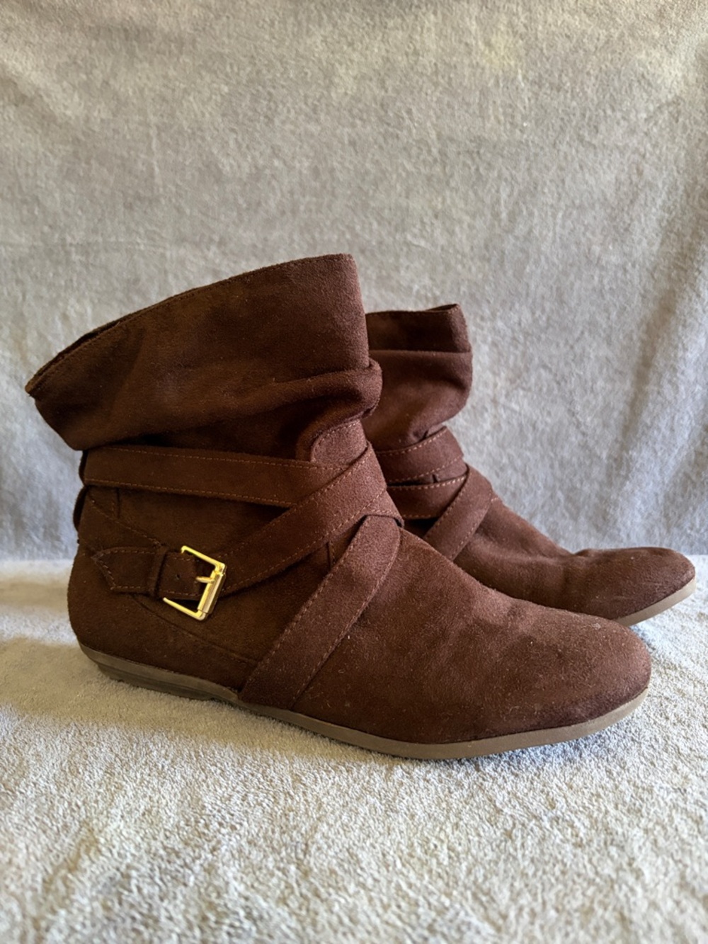 Rampage Chocolate Brown Suede Slouch Ankle Booties with Gold Buckle